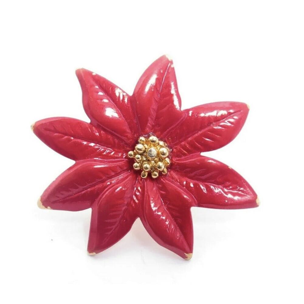 Vintage Christmas Red Enamel Poinsettia Brooch Pin Gold Plated Holiday Jewelry